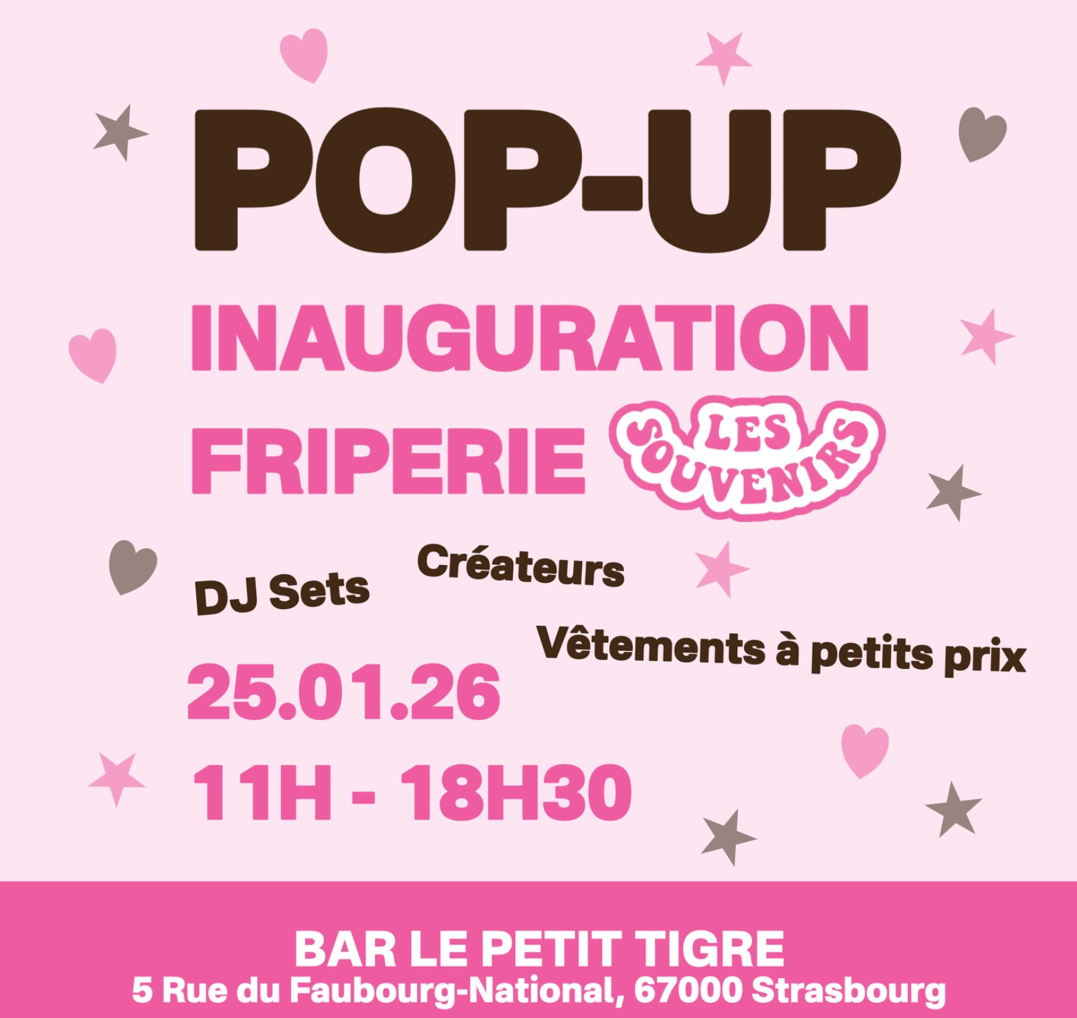 Invitation pour un événement vintage à Strasbourg : DJ sets, vêtements à petits prix et créateurs au restaurant Le Tigre.